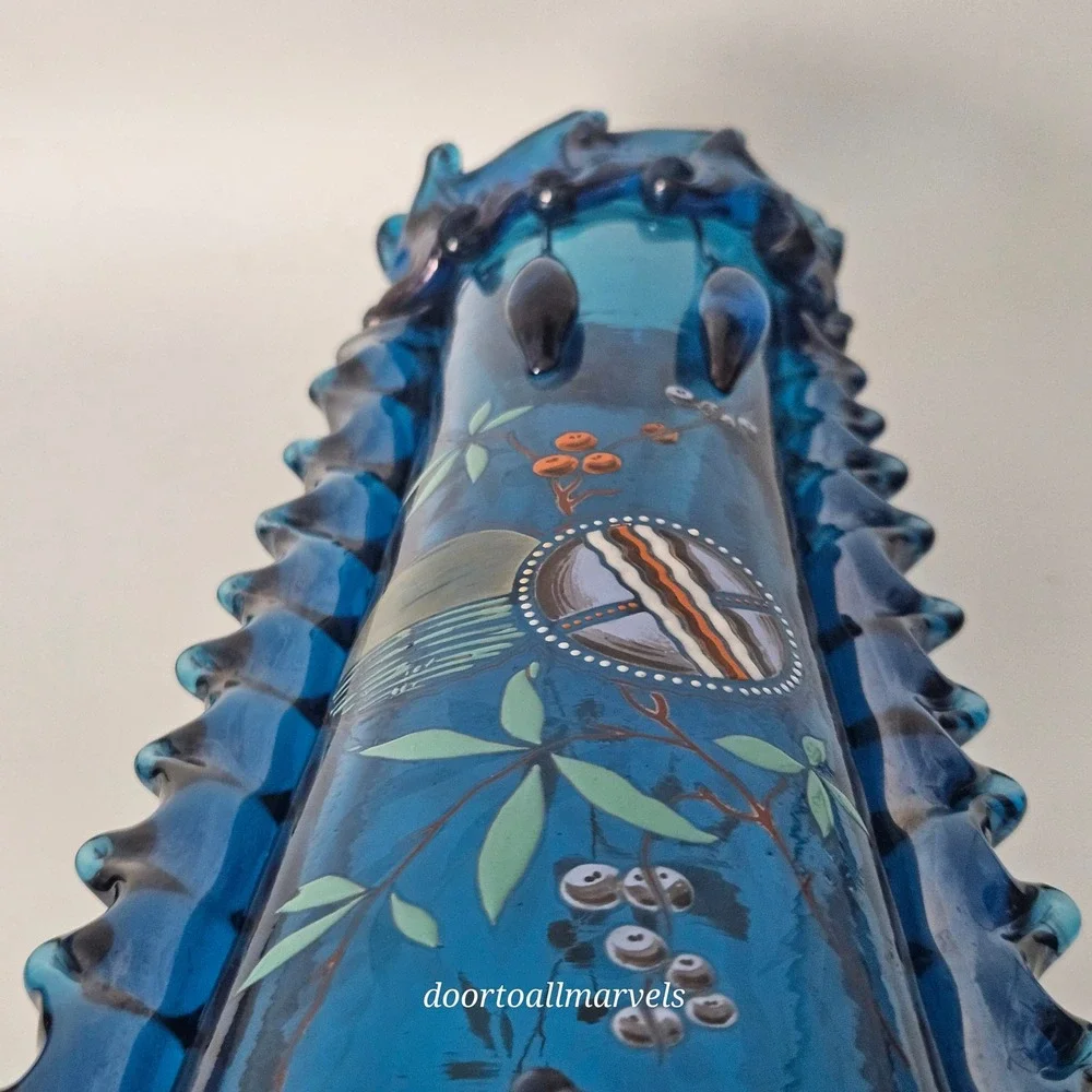 Auguste Jean Antique Blue Footed Vase Art Nouveau Enamel Paint Berries Tall 12